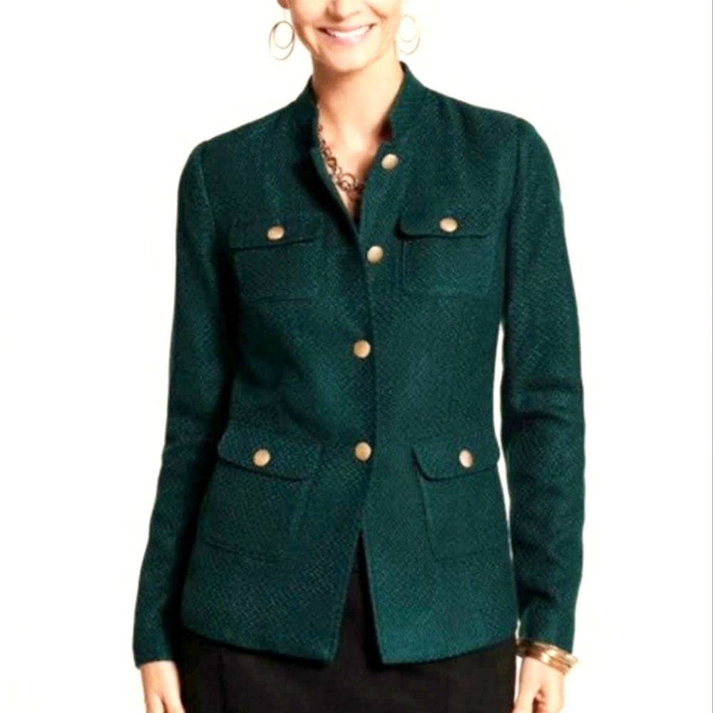 Chico's Dark Teal Textured Military-Style Blazer with Gold Buttons